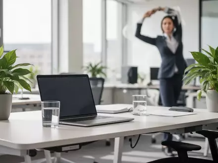 Ein ergonomischer Arbeitsplatz mit einer Person, die sich im Hintergrund dehnt, um Bewegung und Gesundheit im Büroalltag zu symbolisieren. - Foto: über boerse-global.de