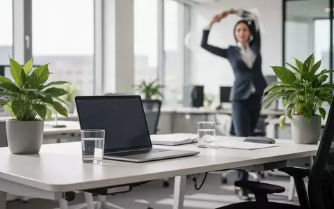 Ein ergonomischer Arbeitsplatz mit einer Person, die sich im Hintergrund dehnt, um Bewegung und Gesundheit im Büroalltag zu symbolisieren. - Foto: über boerse-global.de