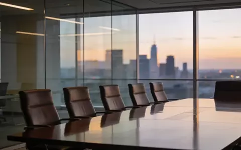 Ein moderner, leerer Konferenzraum in einem Bürogebäude bei Dämmerung mit Blick auf die Skyline. - Foto: über boerse-global.de