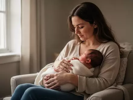 Eine junge Mutter hält ihr neugeborenes Baby liebevoll im Arm in einer friedlichen, natürlich beleuchteten Umgebung. - Foto: über boerse-global.de