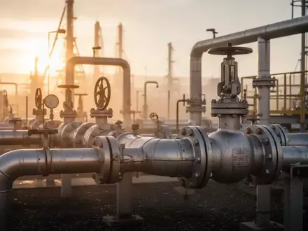 Industrielle Erdgasanlage bei Sonnenaufgang mit metallischen Rohren und Ventilen im goldenen Licht. - Foto: über boerse-global.de
