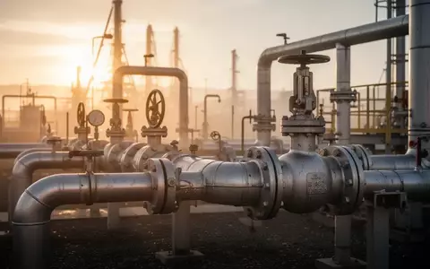 Industrielle Erdgasanlage bei Sonnenaufgang mit metallischen Rohren und Ventilen im goldenen Licht. - Foto: über boerse-global.de
