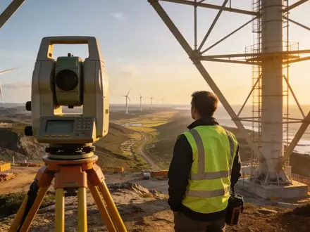 Ein Vermessungsingenieur mit einem Laserscanner vor einer weitläufigen Windkraftanlage im Robinsons River Gebiet. - Foto: über boerse-global.de