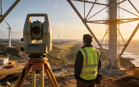 Ein Vermessungsingenieur mit einem Laserscanner vor einer weitläufigen Windkraftanlage im Robinsons River Gebiet. - Foto: über boerse-global.de