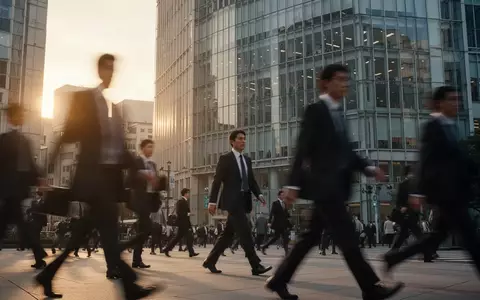 Geschäftiges Finanzviertel in Tokio bei Sonnenuntergang mit vorbeigehenden Menschen. - Foto: über boerse-global.de