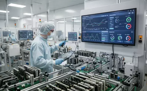 Ein Ingenieur in einer modernen Elektronikfertigung betrachtet digitale Statusanzeigen an einer Produktionslinie. - Foto: über boerse-global.de