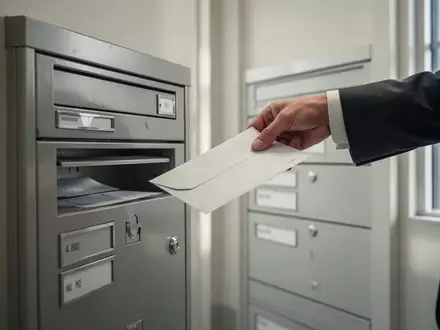 Eine Hand hält einen Briefumschlag vor einem Briefkasten in einem modernen Büroflur. - Foto: über boerse-global.de