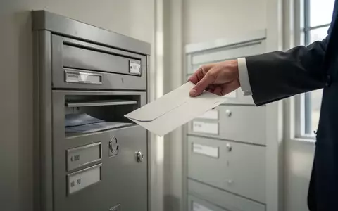 Eine Hand hält einen Briefumschlag vor einem Briefkasten in einem modernen Büroflur. - Foto: über boerse-global.de