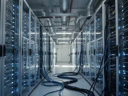 Modernes Rechenzentrum mit leuchtenden Server-Racks und komplexer Infrastruktur für KI-Anwendungen. - Foto: über boerse-global.de