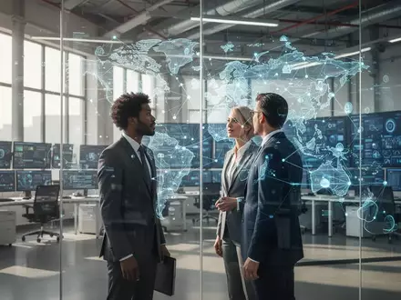 Zwei Geschäftsleute in einem modernen Kontrollzentrum vor einer Glaswand mit digitaler Datenvisualisierung. - Foto: über boerse-global.de