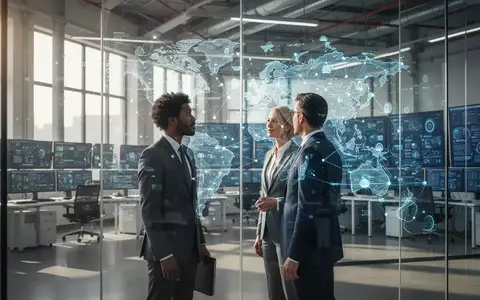 Zwei Geschäftsleute in einem modernen Kontrollzentrum vor einer Glaswand mit digitaler Datenvisualisierung. - Foto: über boerse-global.de