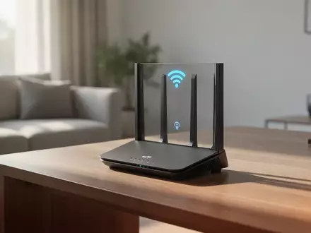 Ein moderner WLAN-Router steht auf einem Holztisch in einem hellen, zeitgenössischen Wohnzimmer. - Foto: über boerse-global.de