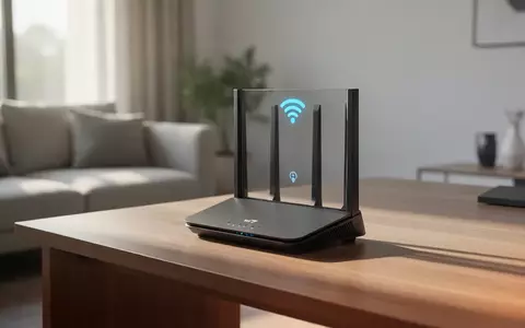 Ein moderner WLAN-Router steht auf einem Holztisch in einem hellen, zeitgenössischen Wohnzimmer. - Foto: über boerse-global.de
