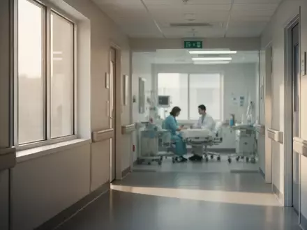 Ein heller, leerer Krankenhausflur mit natĂŒrlichem Lichteinfall, der eine ruhige und klinische AtmosphĂ€re vermittelt. - Foto: ĂŒber boerse-global.de