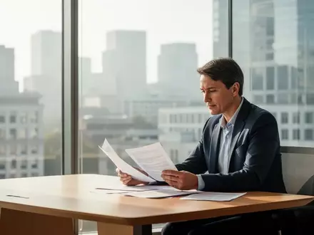 Eine Führungskraft in einem modernen Bürogebäude bei der Arbeit an Dokumenten. - Foto: über boerse-global.de