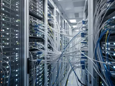 Ein moderner Serverraum mit Glasfaserkabeln und technischer Infrastruktur in einem Rechenzentrum. - Foto: über boerse-global.de