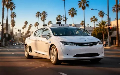 Ein autonomes Waymo Ojai Robotaxi fährt bei Sonnenuntergang durch eine von Palmen gesäumte Straße in Los Angeles. - Foto: über boerse-global.de