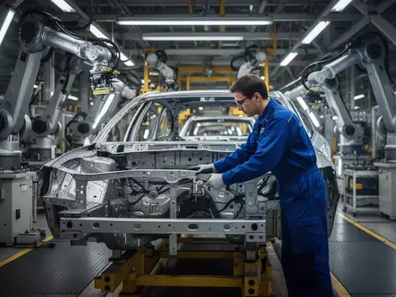 Ein Arbeiter an einem modernen Automobil-Montageband in einer deutschen Fabrikhalle bei der Qualitätskontrolle. - Foto: über boerse-global.de