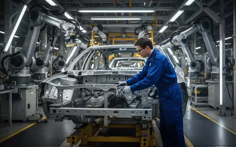 Ein Arbeiter an einem modernen Automobil-Montageband in einer deutschen Fabrikhalle bei der Qualitätskontrolle. - Foto: über boerse-global.de
