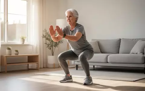 Eine sportliche Person über 70 Jahre führt in einem hellen Wohnzimmer eine Kniebeuge mit Hanteln aus. - Foto: über boerse-global.de