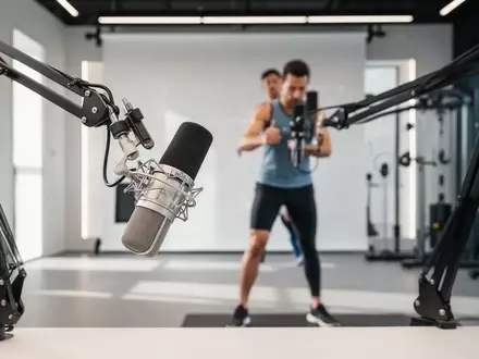 Ein professionelles Studiomikrofon vor einer unscharfen Kulisse eines modernen Fitness- und Bewegungsanalysebereichs. - Foto: über boerse-global.de