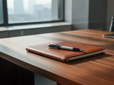 Ein minimalistischer, moderner Schreibtisch in einem hellen Büro mit einem Notizbuch und einem Stift in natürlichem Licht. - Foto: über boerse-global.de