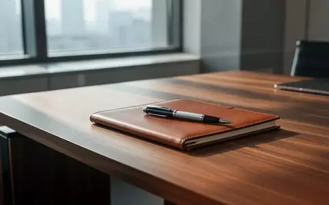 Ein minimalistischer, moderner Schreibtisch in einem hellen Büro mit einem Notizbuch und einem Stift in natürlichem Licht. - Foto: über boerse-global.de