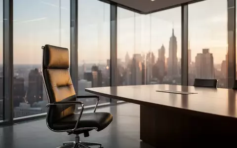 Ein moderner, minimalistischer Konferenzraum in einem Bürogebäude mit Blick auf eine Skyline bei Sonnenuntergang. - Foto: über boerse-global.de