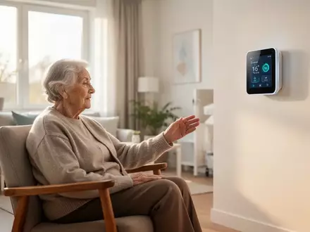 Ein älterer Mensch interagiert in einem modernen, hellen Pflegeappartement mit einem diskreten Smart-Home-Gesundheitsmonitor. - Foto: über boerse-global.de