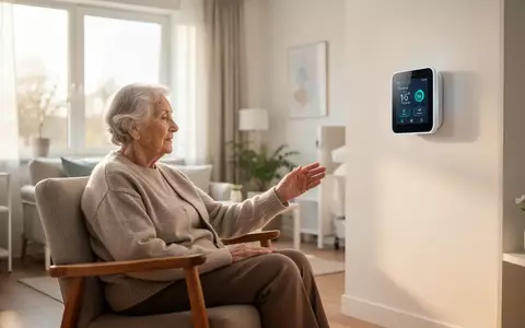 Ein älterer Mensch interagiert in einem modernen, hellen Pflegeappartement mit einem diskreten Smart-Home-Gesundheitsmonitor. - Foto: über boerse-global.de