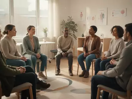 Eine Gruppe von Menschen sitzt in einem hellen, modernen Raum in einem Stuhlkreis und nimmt an einer Gruppentherapie teil. - Foto: über boerse-global.de