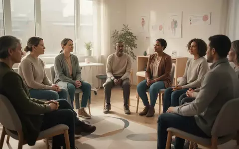 Eine Gruppe von Menschen sitzt in einem hellen, modernen Raum in einem Stuhlkreis und nimmt an einer Gruppentherapie teil. - Foto: über boerse-global.de