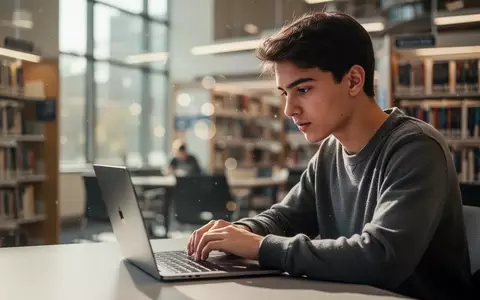 Ein Student arbeitet in einer modernen Bibliothek an einem Laptop, umgeben von Büchern. - Foto: über boerse-global.de
