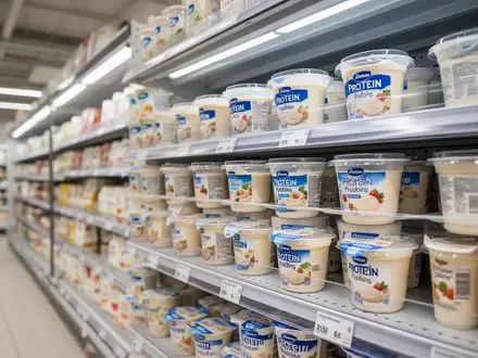Ein belebtes Kühlregal in einem Supermarkt, in dem verschiedene Protein-Pudding-Becher ordentlich aufgereiht sind. - Foto: über boerse-global.de