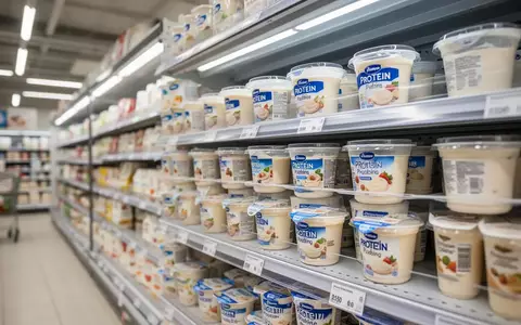 Ein belebtes Kühlregal in einem Supermarkt, in dem verschiedene Protein-Pudding-Becher ordentlich aufgereiht sind. - Foto: über boerse-global.de