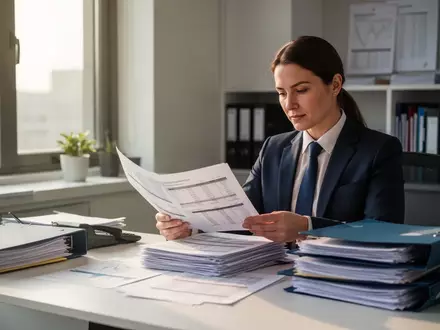 Ein Buchhalter arbeitet an einem Schreibtisch mit Geschäftsunterlagen und Aktenordnern in einem hellen Büro. - Foto: über boerse-global.de