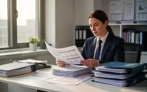 Ein Buchhalter arbeitet an einem Schreibtisch mit Geschäftsunterlagen und Aktenordnern in einem hellen Büro. - Foto: über boerse-global.de