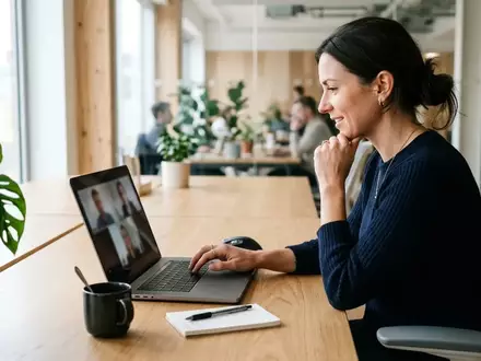Eine Person arbeitet an einem modernen Laptop in einem hellen Büro während einer Videokonferenz. - Foto: über boerse-global.de