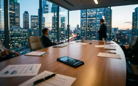 Ein modernes Büro-Konferenzzimmer mit Blick auf ein Finanzviertel, in dessen Mitte ein Smartphone mit digitaler Zahlungs-App liegt. - Foto: über boerse-global.de