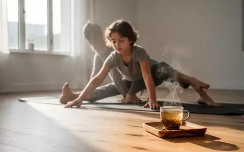 Eine junge Person praktiziert achtsame Bewegungsübungen in einem hellen, modern eingerichteten Raum mit einer Tasse Kräutertee. - Foto: über boerse-global.de