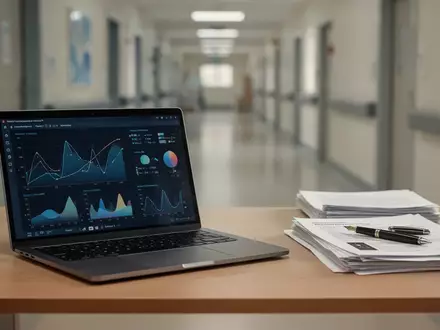 Ein moderner Schreibtisch mit Laptop und juristischen Unterlagen vor einem unscharfen Hintergrund eines Krankenhauses. - Foto: über boerse-global.de