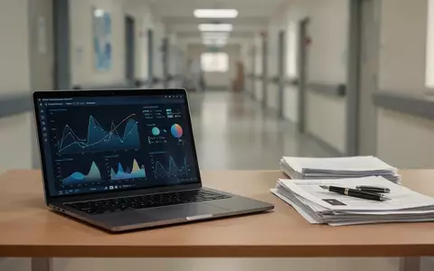 Ein moderner Schreibtisch mit Laptop und juristischen Unterlagen vor einem unscharfen Hintergrund eines Krankenhauses. - Foto: über boerse-global.de