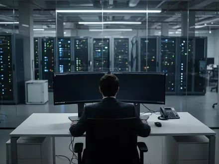 Ein professioneller Arbeitsplatz in einem modernen Büro mit dunklen Bildschirmen und kühler Beleuchtung, symbolisch für unkontrollierte KI-Governance. - Foto: über boerse-global.de