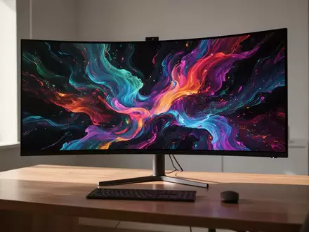Ein gebogener 49-Zoll-Ultrawide-Monitor steht auf einem modernen Schreibtisch in einem hellen Büro. - Foto: über boerse-global.de