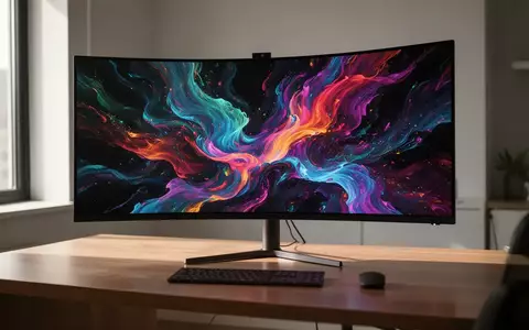 Ein gebogener 49-Zoll-Ultrawide-Monitor steht auf einem modernen Schreibtisch in einem hellen Büro. - Foto: über boerse-global.de