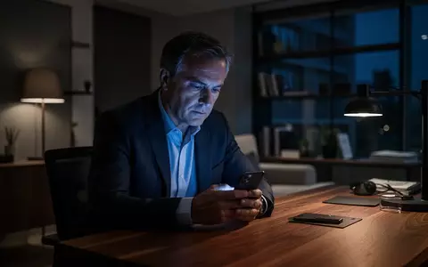 Eine Person mittleren Alters blickt in einem abgedunkelten Raum auf das leuchtende Display eines Smartphones. - Foto: über boerse-global.de