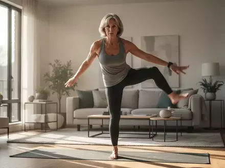 Eine Frau in ihren 50ern übt konzentriert den Einbeinstand in einem hellen, modern eingerichteten Wohnraum. - Foto: über boerse-global.de