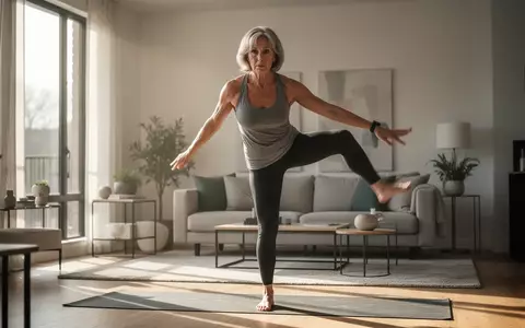 Eine Frau in ihren 50ern übt konzentriert den Einbeinstand in einem hellen, modern eingerichteten Wohnraum. - Foto: über boerse-global.de