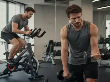 Ein Sportler in einem modernen Fitnessstudio beim Übergang vom Ergometertraining zum Krafttraining mit Hanteln. - Foto: über boerse-global.de