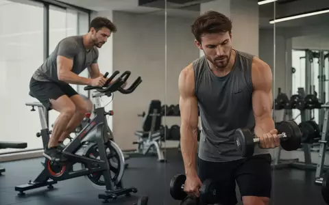 Ein Sportler in einem modernen Fitnessstudio beim Übergang vom Ergometertraining zum Krafttraining mit Hanteln. - Foto: über boerse-global.de